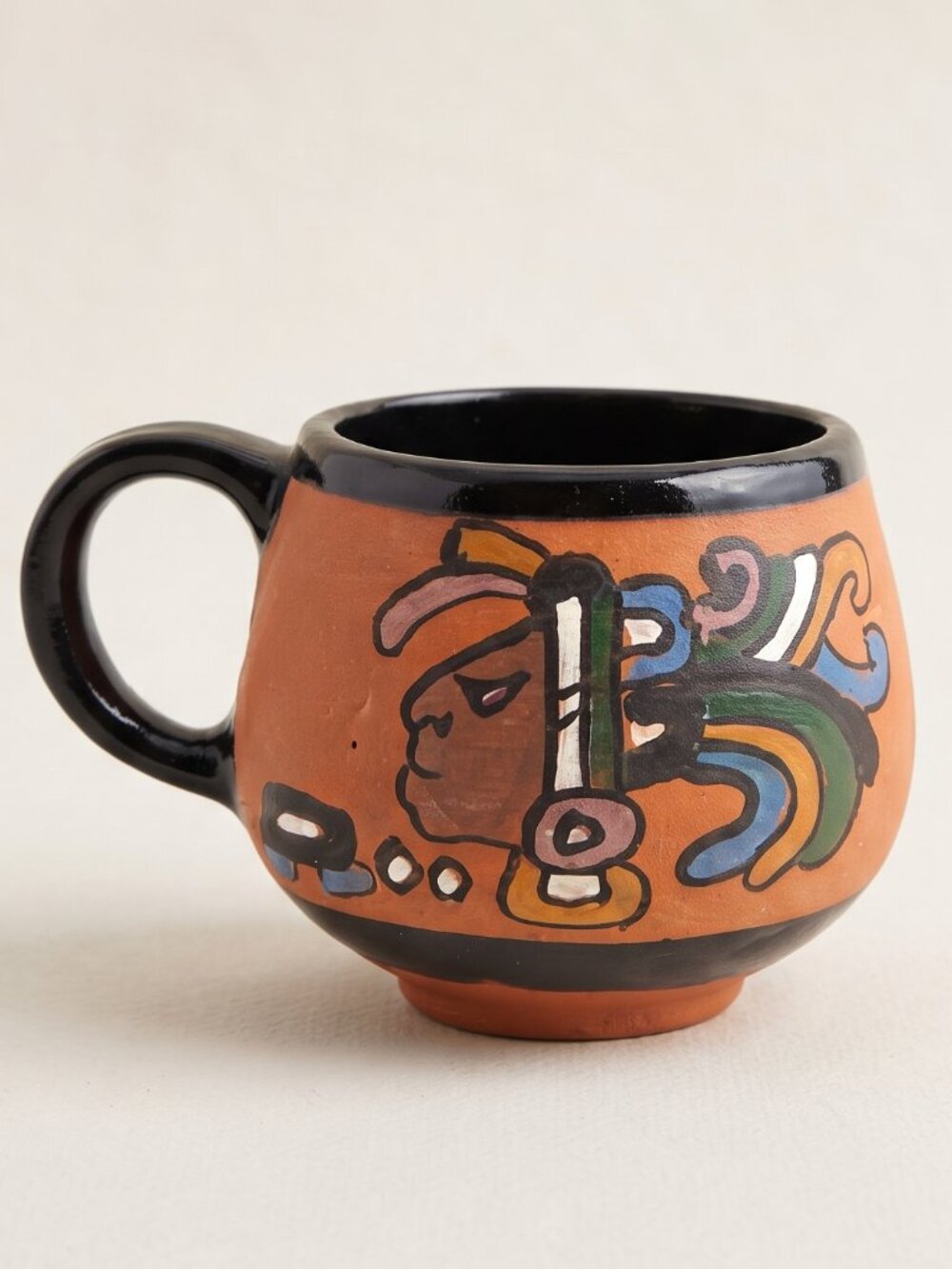 Vintage Mexican Mayan Folk Art Pottery Mug Hand Painted Terracotta Coffee Cup 3"